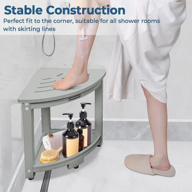 Alt view image 7 of 7 - KingPavonini HDPS Corner Shower Stool for Shaving Legs, Waterproof, Grey | Anti-Fracture Shower Bench for Inside Shower, 400 lbs, Storage Shelf, Foot Rest for Small Bathrooms/Tub Use, Quick Assembly