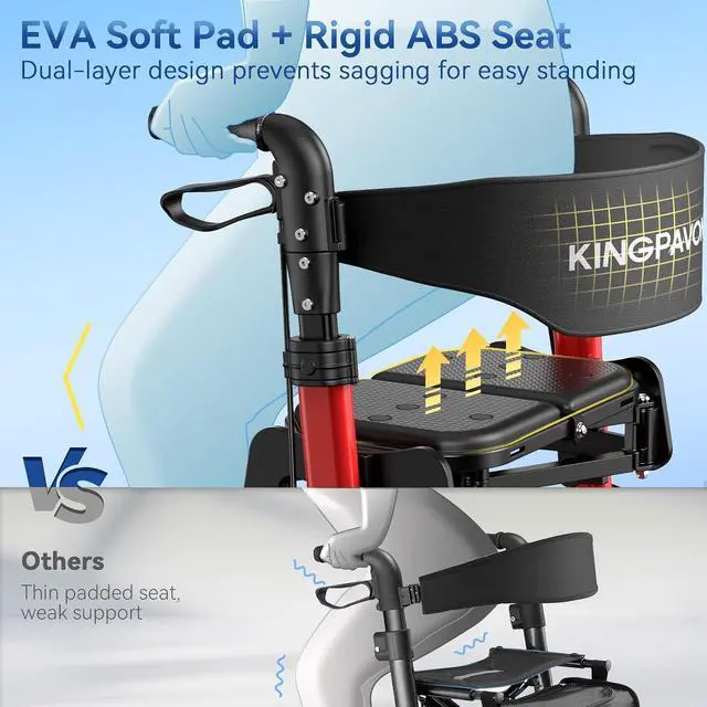 Alt view image 5 of 7 - KingPavonini Foldable Rollator Walker for Seniors with Seat, 380 lbs, Red | 6 Heights Fit 4'8"-6'4", Rolling Walker with Dual-Layer Seat, Compact Portable Mobility Aid for Indoor Outdoor, All-Terrain