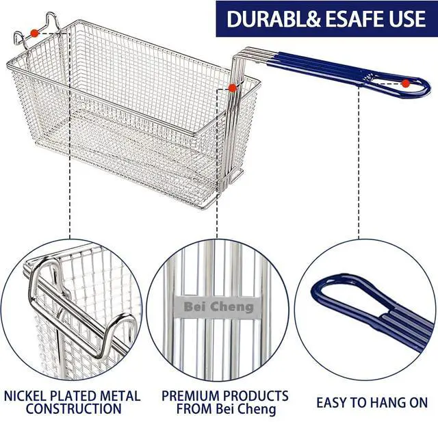 Alt view image 3 of 6 - Commercial Deep Fryer Basket, 13 1/4" x 6 1/2" x 6" Size, 2-Pack | Fry Basket with Non-Slip Handle, Heavy Duty Nickel Plated Iron, Sturdy Replacement for Restaurant Kitchen Home