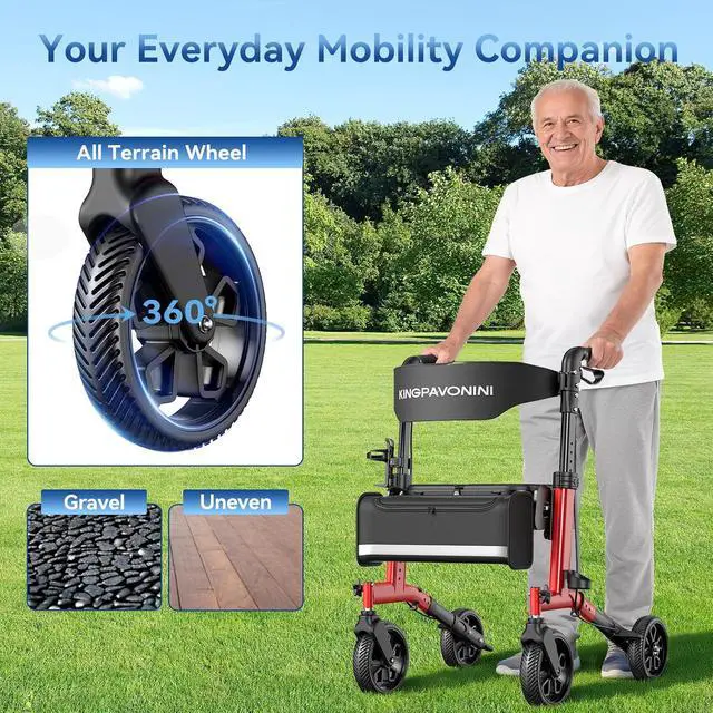 Alt view image 6 of 7 - KingPavonini Foldable Rollator Walker for Seniors with Seat, 380 lbs, Red | 6 Heights Fit 4'8"-6'4", Rolling Walker with Dual-Layer Seat, Compact Portable Mobility Aid for Indoor Outdoor, All-Terrain