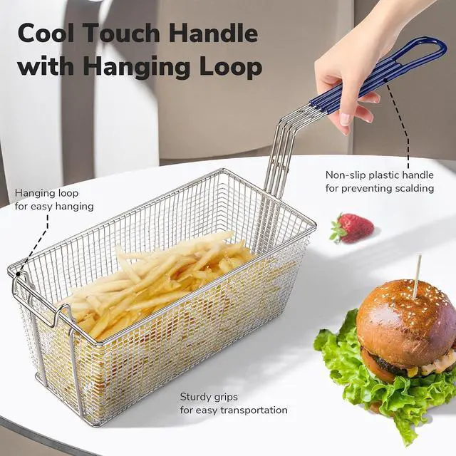 Alt view image 4 of 6 - Commercial Deep Fryer Basket, 13 1/4" x 6 1/2" x 6" Size, 2-Pack | Fry Basket with Non-Slip Handle, Heavy Duty Nickel Plated Iron, Sturdy Replacement for Restaurant Kitchen Home