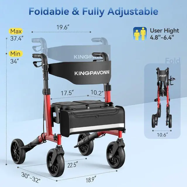 Alt view image 3 of 7 - KingPavonini Foldable Rollator Walker for Seniors with Seat, 380 lbs, Red | 6 Heights Fit 4'8"-6'4", Rolling Walker with Dual-Layer Seat, Compact Portable Mobility Aid for Indoor Outdoor, All-Terrain