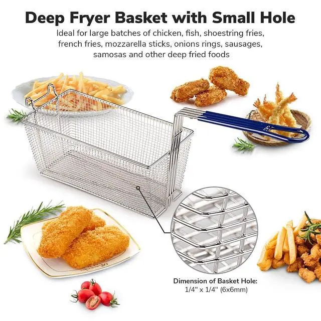 Alt view image 5 of 6 - Commercial Deep Fryer Basket, 13 1/4" x 6 1/2" x 6" Size, 2-Pack | Fry Basket with Non-Slip Handle, Heavy Duty Nickel Plated Iron, Sturdy Replacement for Restaurant Kitchen Home