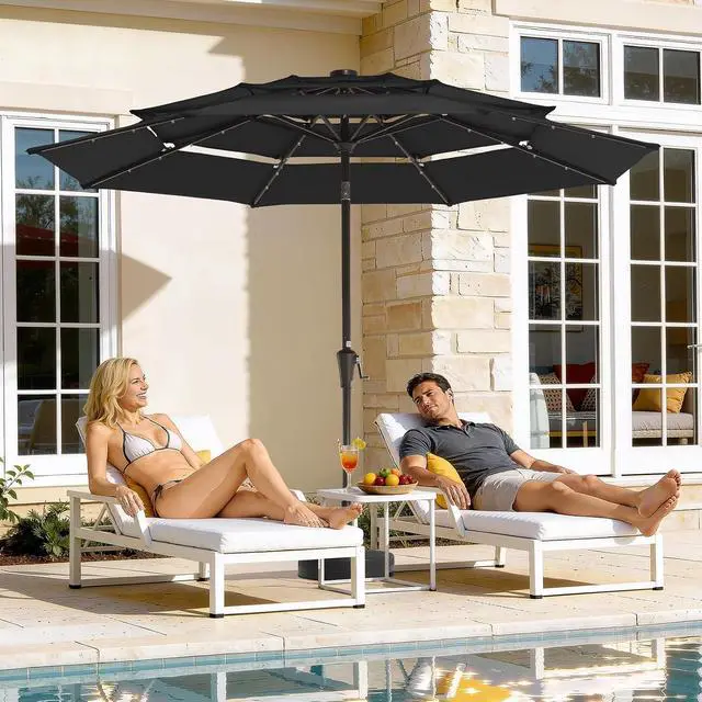 Alt view image 2 of 7 - JEAREY 9 ft 3-Tier Outdoor LED Lighted Patio Umbrella w/Crank, Black | Solar Market Table Umbrella with 8 Sturdy Ribs, UV Protection Waterproof Sunproof for Garden, Deck and Backyard