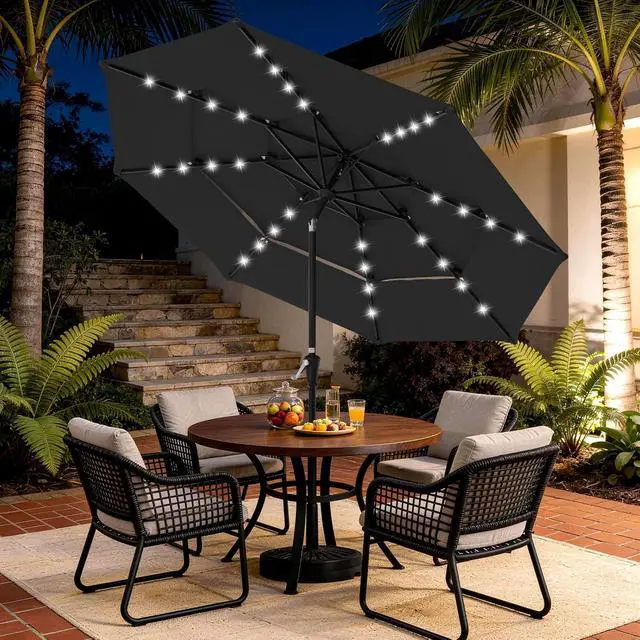 Alt view image 3 of 7 - JEAREY 9 ft 3-Tier Outdoor LED Lighted Patio Umbrella w/Crank, Black | Solar Market Table Umbrella with 8 Sturdy Ribs, UV Protection Waterproof Sunproof for Garden, Deck and Backyard
