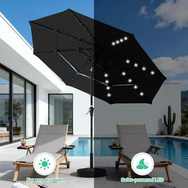 Alt view image 4 of 7 - JEAREY 9 ft 3-Tier Outdoor LED Lighted Patio Umbrella w/Crank, Black | Solar Market Table Umbrella with 8 Sturdy Ribs, UV Protection Waterproof Sunproof for Garden, Deck and Backyard
