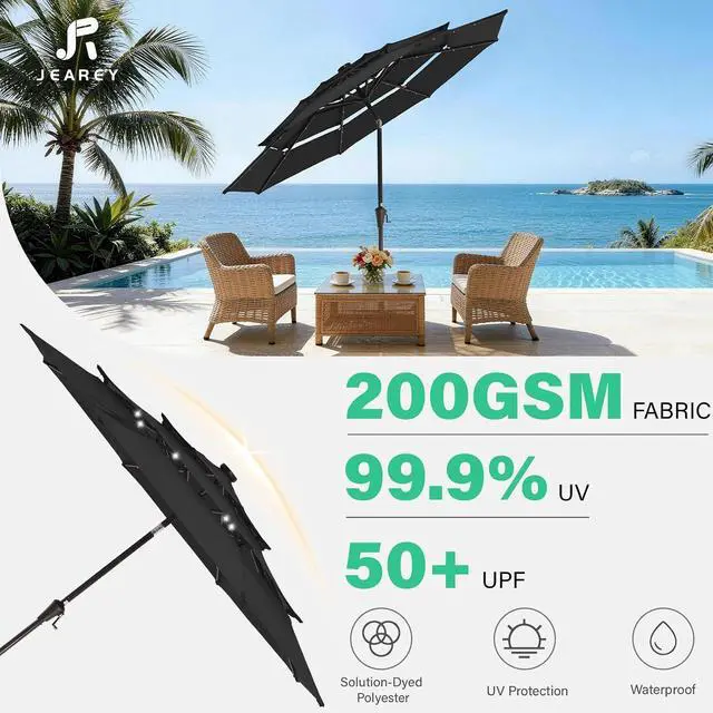 Alt view image 5 of 7 - JEAREY 9 ft 3-Tier Outdoor LED Lighted Patio Umbrella w/Crank, Black | Solar Market Table Umbrella with 8 Sturdy Ribs, UV Protection Waterproof Sunproof for Garden, Deck and Backyard