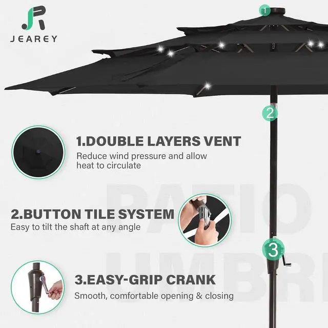 Alt view image 6 of 7 - JEAREY 9 ft 3-Tier Outdoor LED Lighted Patio Umbrella w/Crank, Black | Solar Market Table Umbrella with 8 Sturdy Ribs, UV Protection Waterproof Sunproof for Garden, Deck and Backyard