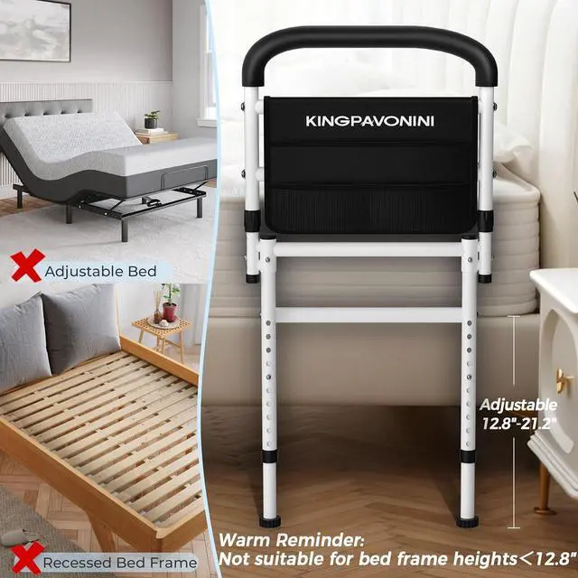 Alt view image 5 of 7 - KingPavonini Bed Rails for Elderly Adults Safety, 400LB Support, Model GL04 | ASTM-Approved, Bed Cane for Post Surgery, Anti-Tip Adjustable Feet & 30° Ergonomic Handle, Height/Width Adjustable