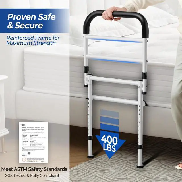 Alt view image 3 of 7 - KingPavonini Bed Rails for Elderly Adults Safety, 400LB Support, Model GL04 | ASTM-Approved, Bed Cane for Post Surgery, Anti-Tip Adjustable Feet & 30° Ergonomic Handle, Height/Width Adjustable