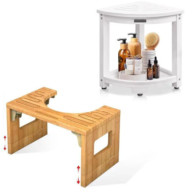Main image of KingPavonini Bamboo Toilet Stool Squat 7in & 9in Adjustable Heights, Corner Shower Stool for Inside Shower Waterproof, Anti-Fading Shower Bench for Shaving Legs, 400 lbs Capacity