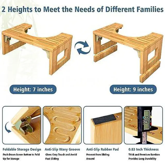 Alt view image 2 of 7 - KingPavonini Bamboo Toilet Stool Squat 7in & 9in Adjustable Heights, Corner Shower Stool for Inside Shower Waterproof, Anti-Fading Shower Bench for Shaving Legs, 400 lbs Capacity