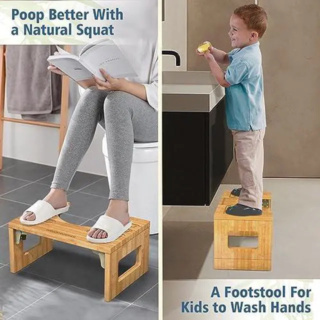 Alt view image 4 of 7 - KingPavonini Bamboo Toilet Stool Squat 7in & 9in Adjustable Heights, Corner Shower Stool for Inside Shower Waterproof, Anti-Fading Shower Bench for Shaving Legs, 400 lbs Capacity