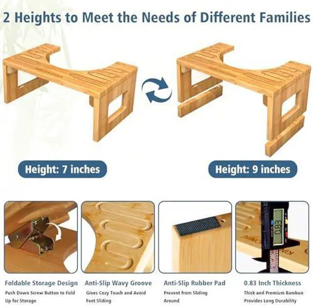 Alt view image 3 of 7 - Bamboo Toilet Stool Squat 7in & 9in Adjustable Heights, Walkers for Seniors with Seat, 6-Level Seat & Handle Adjustable
