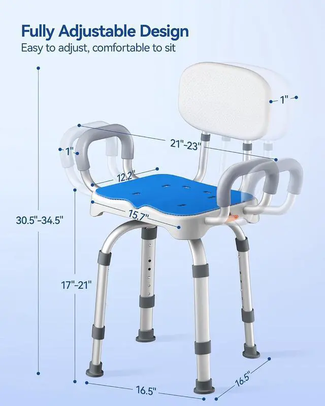 Alt view image 6 of 7 - KingPavonini HDPS Shower Benches for Inside Shower to Sit on, Swivel Shower Chair with Arms and Back, 550 lbs Heavy-Duty Shower Chair for Inside Shower Stall and Tub