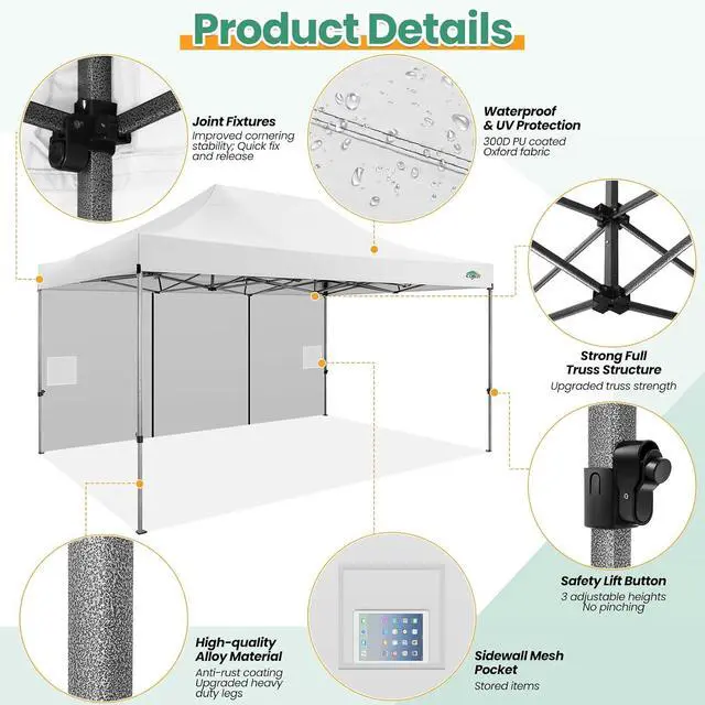 Alt view image 2 of 7 - 10x15 Heavy Duty Pop Up Canopy Tent with Sidewalls, Easy Up Canopy