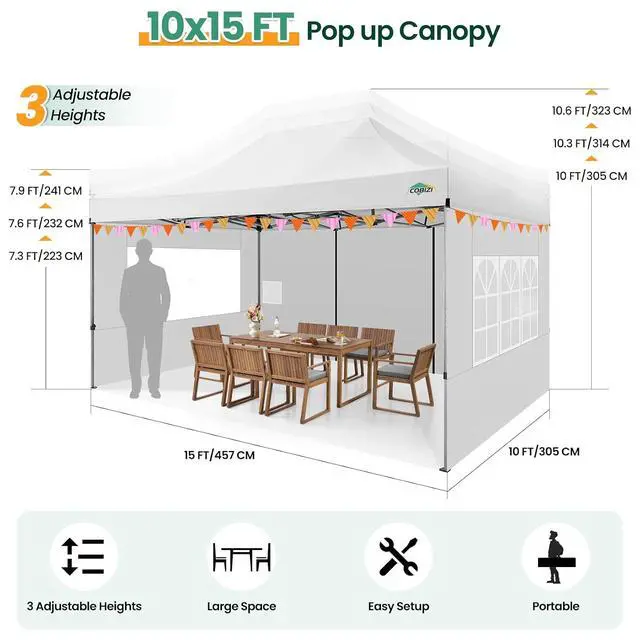Alt view image 3 of 7 - 10x15 Heavy Duty Pop Up Canopy Tent with Sidewalls, Easy Up Canopy