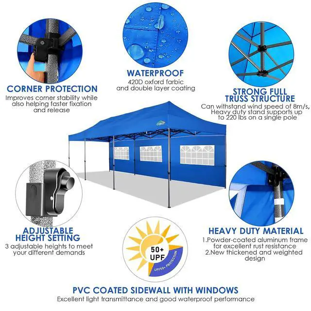 Alt view image 4 of 7 - 10x30 Heavy Duty Pop Up Canopy Tent with Sidewalls, Easy Up Canopy