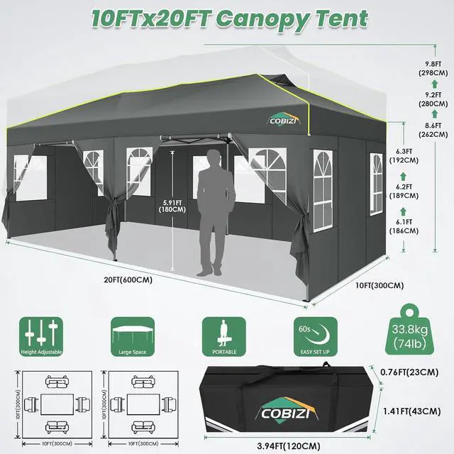 Alt view image 3 of 7 - 10x20 Pop Up Canopy Tent with 6 Removable Sidewalls, Outdoor, Gray