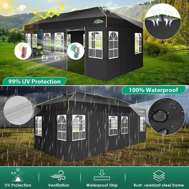 Alt view image 5 of 7 - 10x20 Pop Up Canopy Tent with 6 Removable Sidewalls, Outdoor, Black