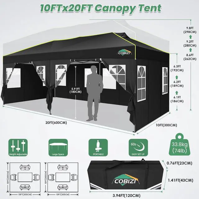 Alt view image 3 of 7 - 10x20 Pop Up Canopy Tent with 6 Removable Sidewalls, Outdoor, Black