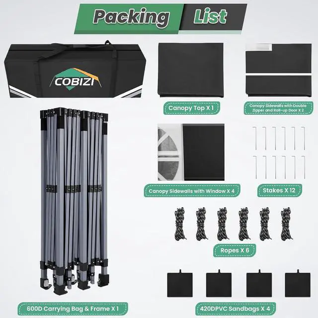 Alt view image 6 of 7 - 10x20 Pop Up Canopy Tent with 6 Removable Sidewalls, Outdoor, Black