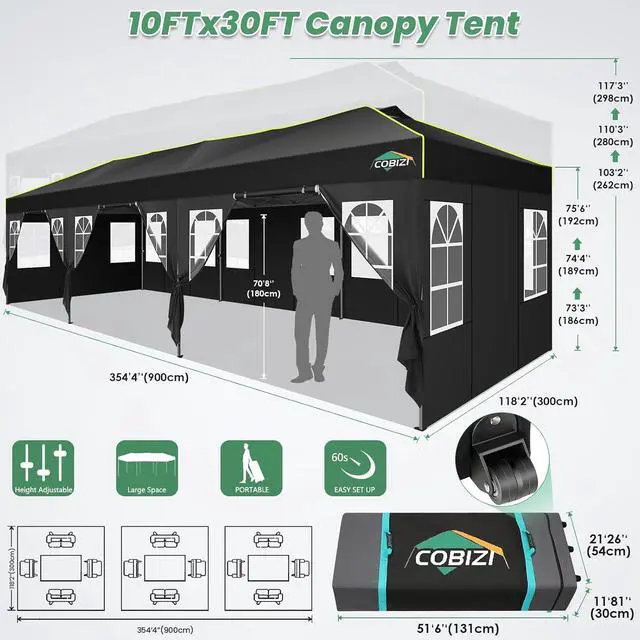 Alt view image 4 of 7 - 10x30 Pop Up Canopy Tent with 8 Removable Sidewalls, Outdoor, Black