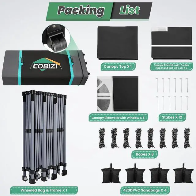 Alt view image 7 of 7 - 10x30 Pop Up Canopy Tent with 8 Removable Sidewalls, Outdoor, Black