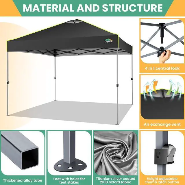 Alt view image 3 of 7 - 10x10 Pop Up Canopy - One Push Setup Tent, Glow Strips, 4 Sidewalls