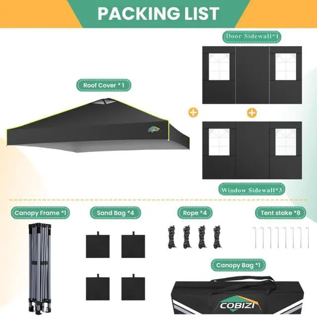 Alt view image 6 of 7 - 10x10 Pop Up Canopy - One Push Setup Tent, Glow Strips, 4 Sidewalls
