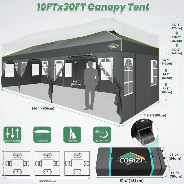 Alt view image 4 of 7 - 10x30 Pop Up Canopy Tent with 8 Removable Sidewalls, Outdoor, Gray