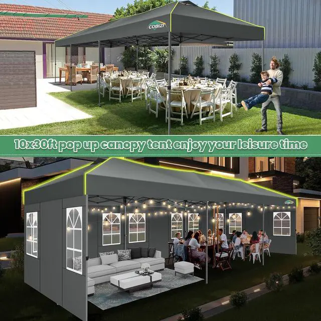 Alt view image 6 of 7 - 10x30 Pop Up Canopy Tent with 8 Removable Sidewalls, Outdoor, Gray