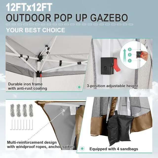 Alt view image 2 of 7 - 12x12 Pop up Gazebo on Clearance with Mosquito Netting,Waterproof Roof & Sandbags,Outdoor Canopy Tent with 4 Ropes,8 Stakes & Carrying Bag,Patio Portable Gazebo for Garden,Backyard & Lawn,Brown