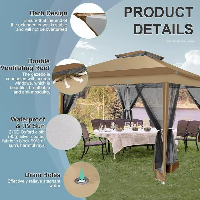 Alt view image 3 of 7 - 12x12 Pop up Gazebo on Clearance with Mosquito Netting,Waterproof Roof & Sandbags,Outdoor Canopy Tent with 4 Ropes,8 Stakes & Carrying Bag,Patio Portable Gazebo for Garden,Backyard & Lawn,Brown