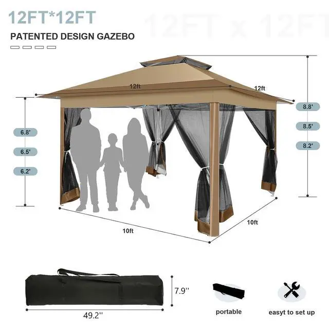 Alt view image 7 of 7 - 12x12 Pop up Gazebo on Clearance with Mosquito Netting,Waterproof Roof & Sandbags,Outdoor Canopy Tent with 4 Ropes,8 Stakes & Carrying Bag,Patio Portable Gazebo for Garden,Backyard & Lawn,Brown