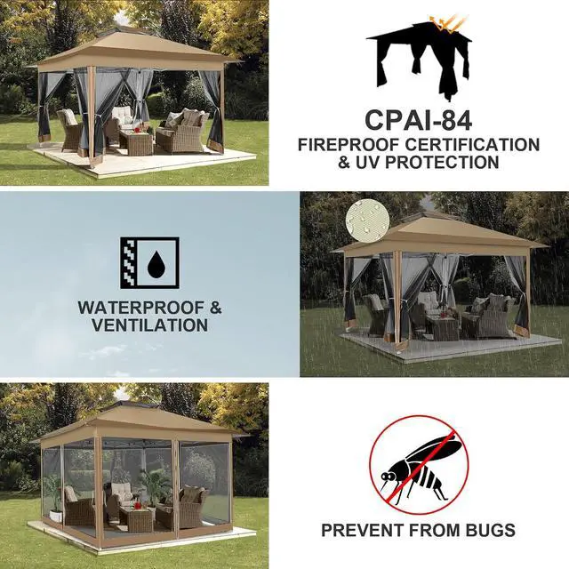 Alt view image 4 of 7 - 12x12 Pop up Gazebo on Clearance with Mosquito Netting,Waterproof Roof & Sandbags,Outdoor Canopy Tent with 4 Ropes,8 Stakes & Carrying Bag,Patio Portable Gazebo for Garden,Backyard & Lawn,Brown