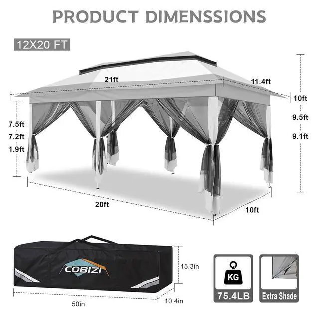 Alt view image 3 of 7 - 12x20 Pop up Canopy Tent - 12x20 Gazebo, Party Tents for Parties, Carpas para Fiestas, Large Outdoor Popup Patio Screened Gazebos, Shelter Tents with Net for Backyard, Commercial, White