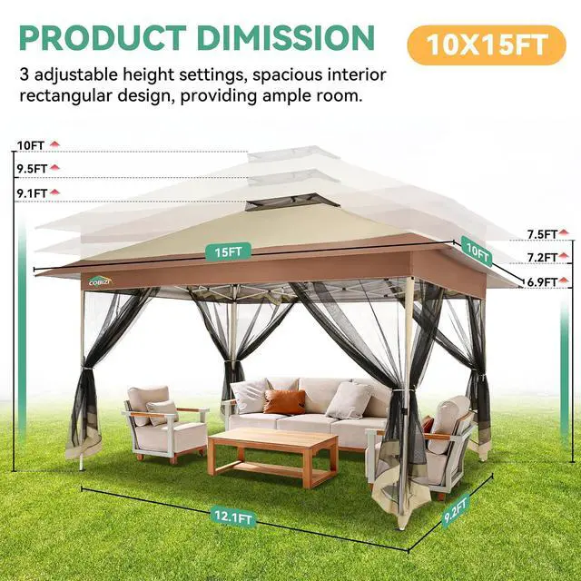 Alt view image 2 of 7 - 10x15 FT Pop up Gazebo on Clearance - Outdoor pop up Heavy Duty Canopy Tent,carpas para Patio,Screen Tents with Portable Carry Bag, Patio Gazebos for Camping, Garden, Deck, Backyard, Khaki