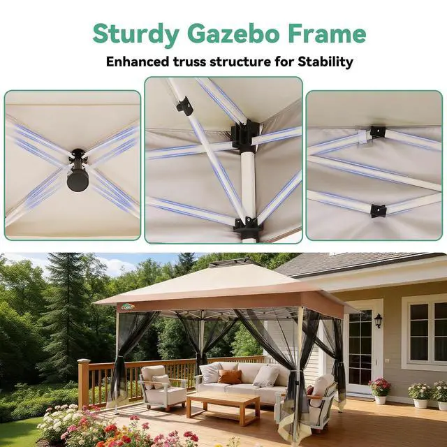 Alt view image 5 of 7 - 10x15 FT Pop up Gazebo on Clearance - Outdoor pop up Heavy Duty Canopy Tent,carpas para Patio,Screen Tents with Portable Carry Bag, Patio Gazebos for Camping, Garden, Deck, Backyard, Khaki