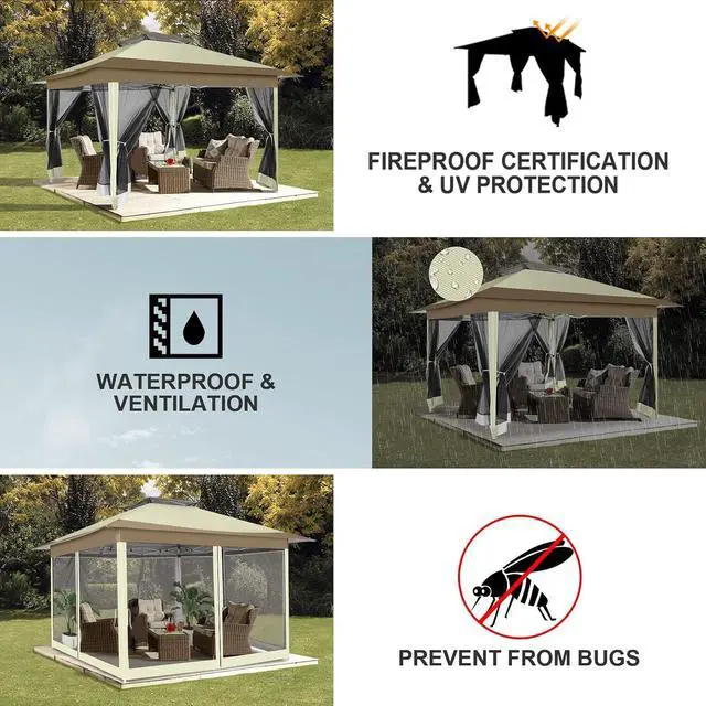 Alt view image 4 of 7 - 12x12 Pop up Gazebo on Clearance with Mosquito Netting & Sandbags, Outdoor Canopy Tent with 4 Ropes 8 Stakes & Portable Carrying Bag, Patio Portable Gazebo for Garden Backyard & Lawn,Khaki