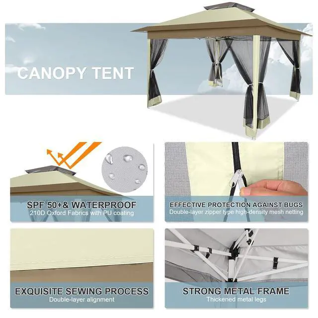 Alt view image 2 of 7 - 12x12 Pop up Gazebo on Clearance with Mosquito Netting & Sandbags, Outdoor Canopy Tent with 4 Ropes 8 Stakes & Portable Carrying Bag, Patio Portable Gazebo for Garden Backyard & Lawn,Khaki