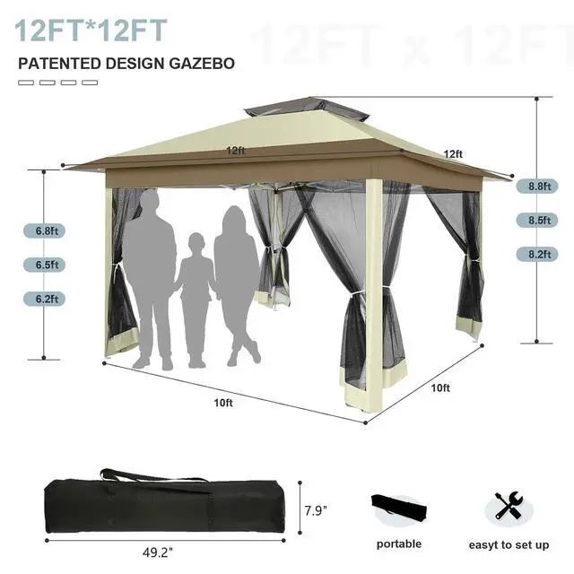Alt view image 6 of 7 - 12x12 FT Pop up Gazebo on Clearance Canopy Tent, Carpas para Patio, Easy up Outdoor Canopy Tents with Portable Storage Bag for Backyard, Outdoor Waterproof Gazebos for Garden, Camping, Khaki