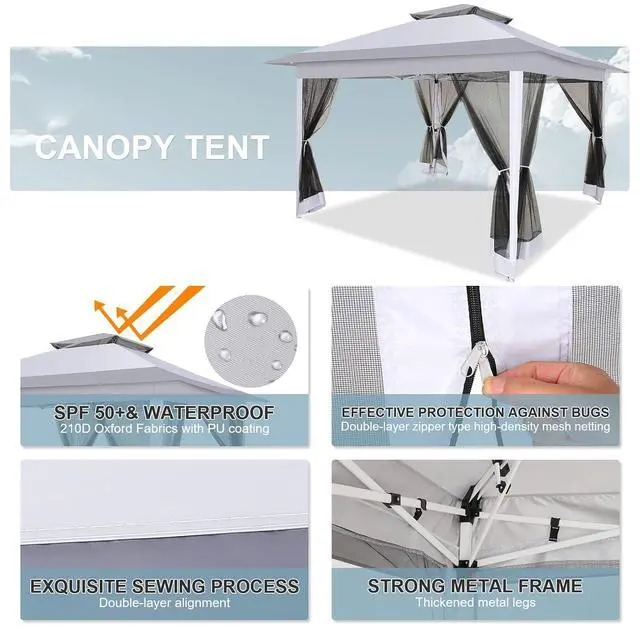 Alt view image 2 of 7 - 12x12 Pop up Gazebo on Clearance with Mosquito Netting, carpas para Patio Deals, Outdoor Canopy Tent with Portable Carrying Bag, Patio Gazebo for Garden Backyard & Lawn & Beach, Grey