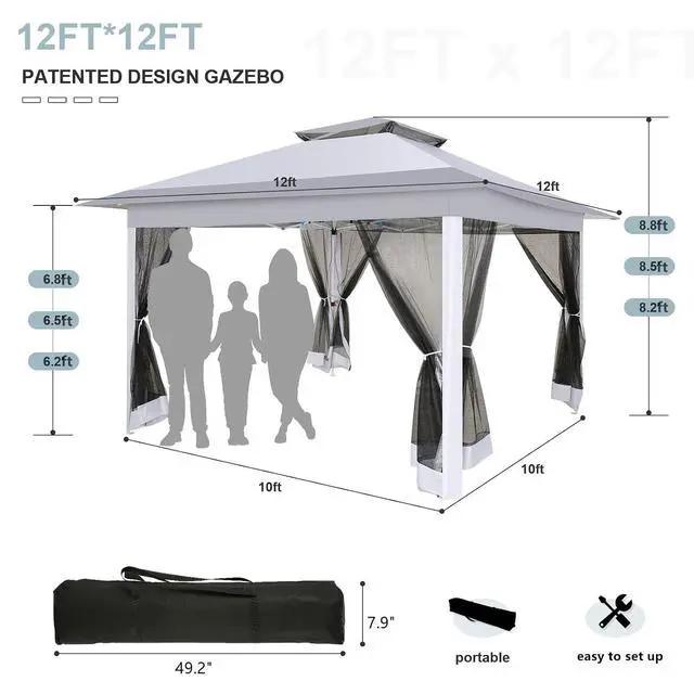 Alt view image 3 of 7 - 12x12 Pop up Gazebo on Clearance with Mosquito Netting, carpas para Patio Deals, Outdoor Canopy Tent with Portable Carrying Bag, Patio Gazebo for Garden Backyard & Lawn & Beach, Grey