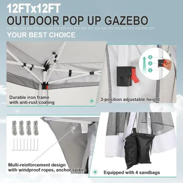 Alt view image 5 of 7 - 12x12 Pop up Gazebo on Clearance with Mosquito Netting, carpas para Patio Deals, Outdoor Canopy Tent with Portable Carrying Bag, Patio Gazebo for Garden Backyard & Lawn & Beach, Grey