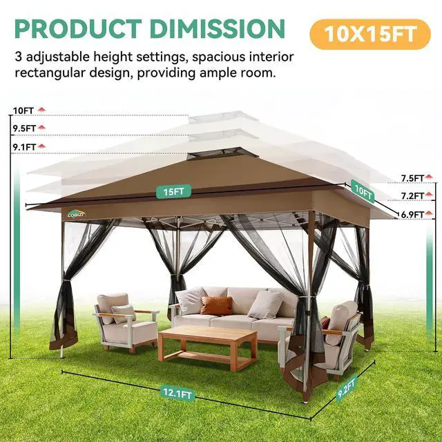 Alt view image 4 of 7 - 10x15 FT Pop up Gazebo on Clearance - Outdoor pop up Heavy Duty Canopy Tent,carpas para Patio,Screen Tents with Portable Carry Bag, Patio Gazebos for Camping, Garden, Deck, Backyard, Brown