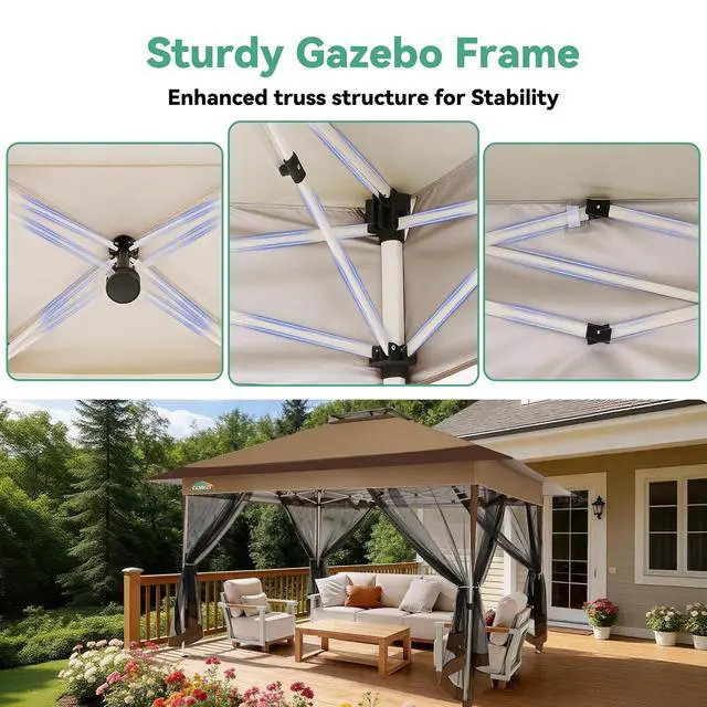 Alt view image 5 of 7 - 10x15 FT Pop up Gazebo on Clearance - Outdoor pop up Heavy Duty Canopy Tent,carpas para Patio,Screen Tents with Portable Carry Bag, Patio Gazebos for Camping, Garden, Deck, Backyard, Brown