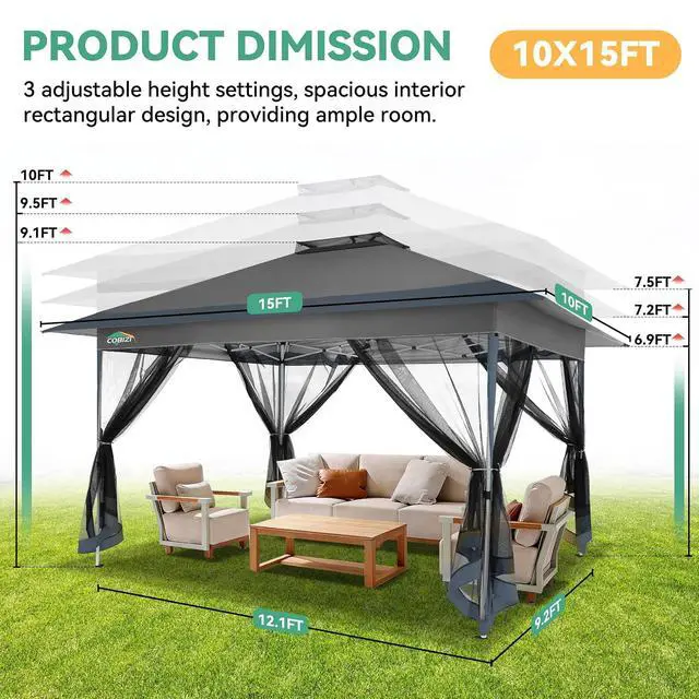 Alt view image 2 of 7 - 10x15 FT Pop up Gazebo on Clearance - Outdoor pop up Heavy Duty Canopy Tent,carpas para Patio,Screen Tents with Portable Carry Bag, Patio Gazebos for Camping, Garden, Deck, Backyard, Darkgray