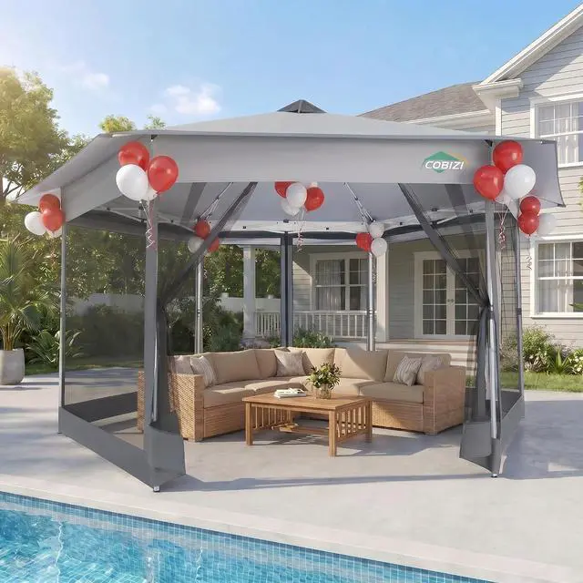 Main image of 16x16 Pop Up Gazebo Tent with Mosquito Netting, Gazebos on Clearance, Hexagonal Outdoor Canopy Shelter, Patented Center Lock 6-Sided Portable Gazebos, Pop Up Canopy Tent for Backyard, White