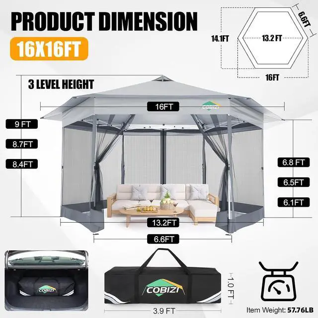 Alt view image 3 of 7 - 16x16 Pop Up Gazebo Tent with Mosquito Netting, Gazebos on Clearance, Hexagonal Outdoor Canopy Shelter, Patented Center Lock 6-Sided Portable Gazebos, Pop Up Canopy Tent for Backyard, White